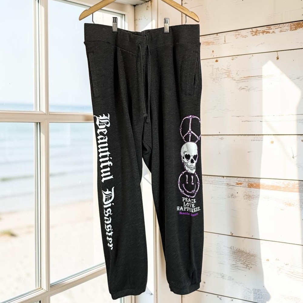 Beautiful Disaster Sweatpants 3X Gray Cotton Poly Peace Love Happiness Skull